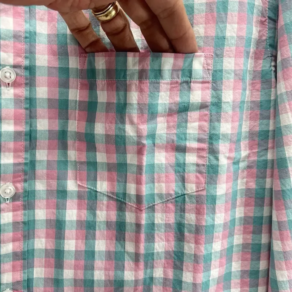 J Crew Flex Washed Plaid Button Down Shirt size Large Pink Blue